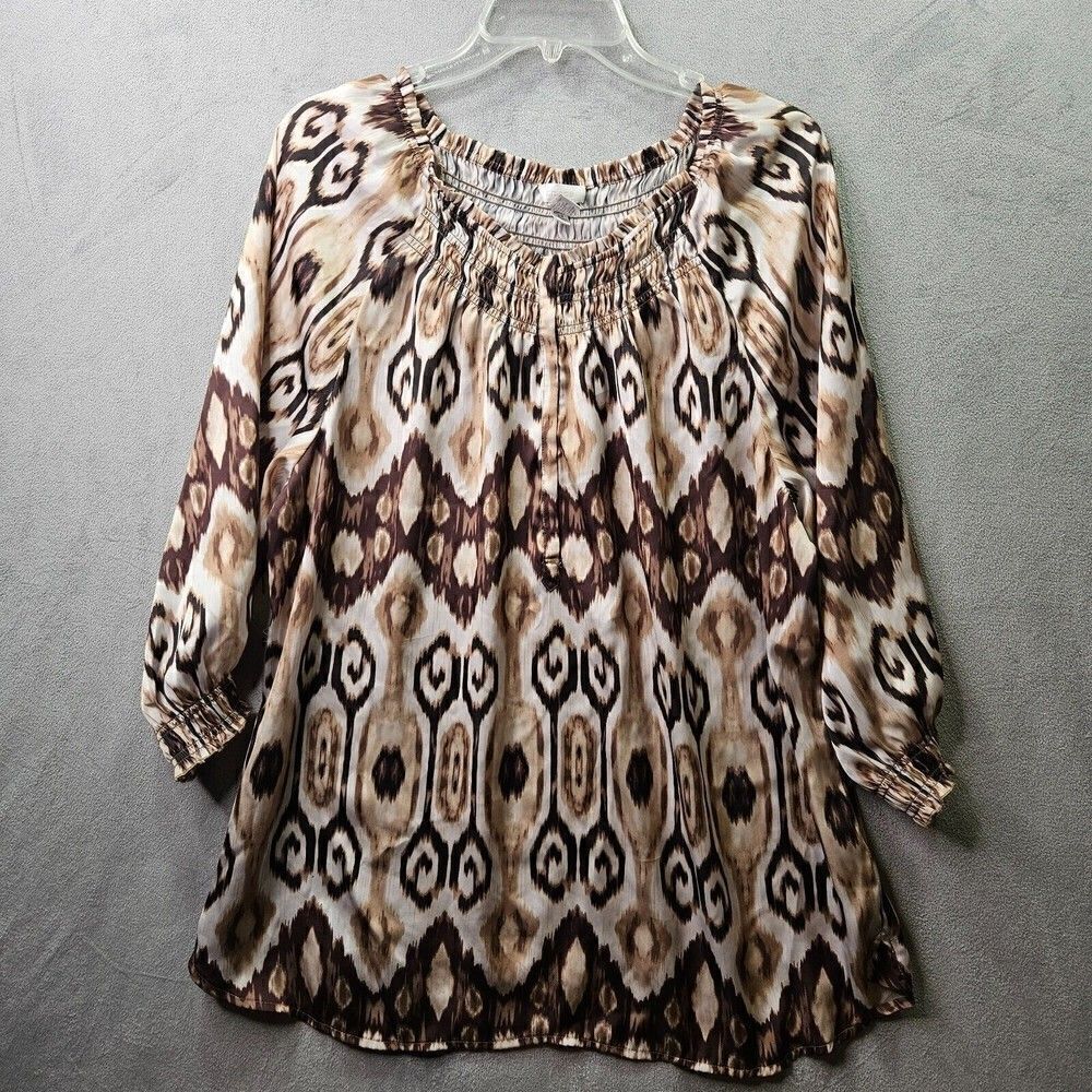 Chicos Blouse Womens Size 3 Brown Off Shoulder Crinkle Tribal Multicolor Top